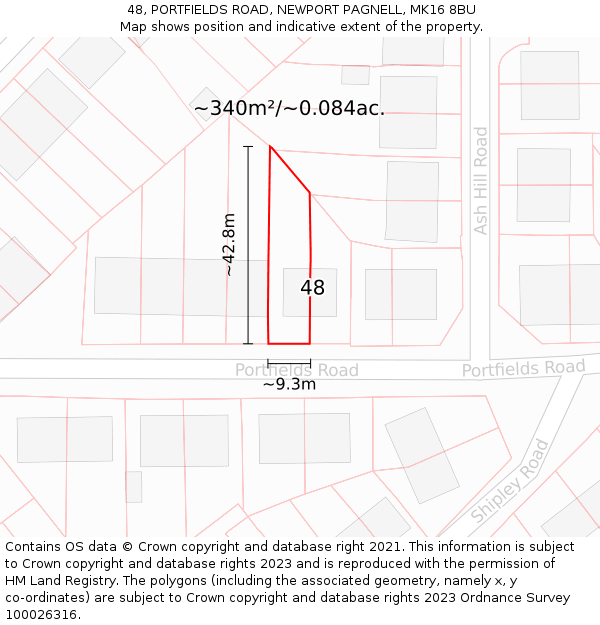 48, PORTFIELDS ROAD, NEWPORT PAGNELL, MK16 8BU: Plot and title map