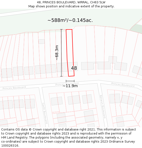 48, PRINCES BOULEVARD, WIRRAL, CH63 5LW: Plot and title map