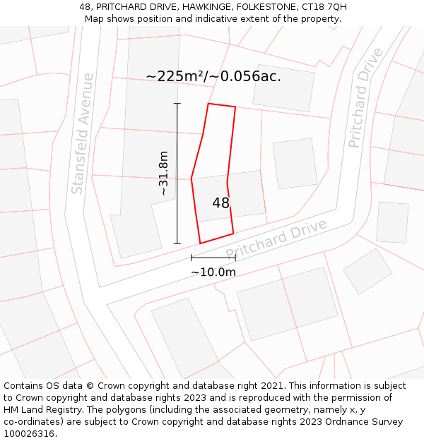 48, PRITCHARD DRIVE, HAWKINGE, FOLKESTONE, CT18 7QH: Plot and title map