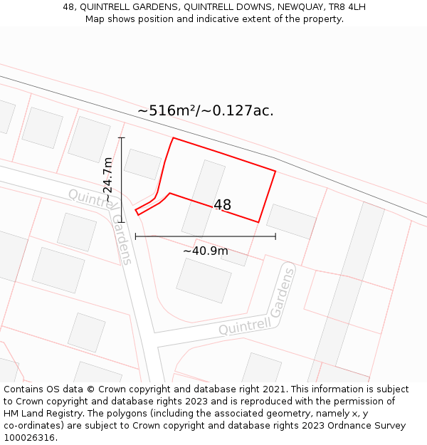 48, QUINTRELL GARDENS, QUINTRELL DOWNS, NEWQUAY, TR8 4LH: Plot and title map