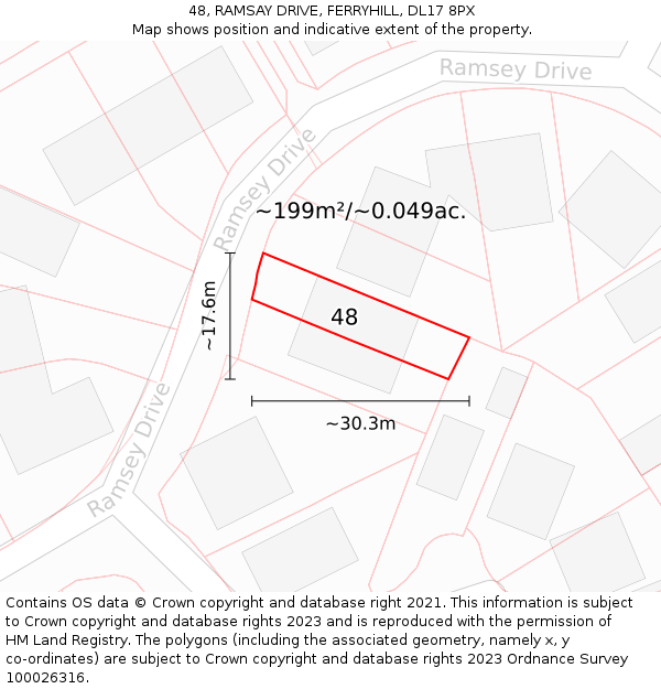 48, RAMSAY DRIVE, FERRYHILL, DL17 8PX: Plot and title map
