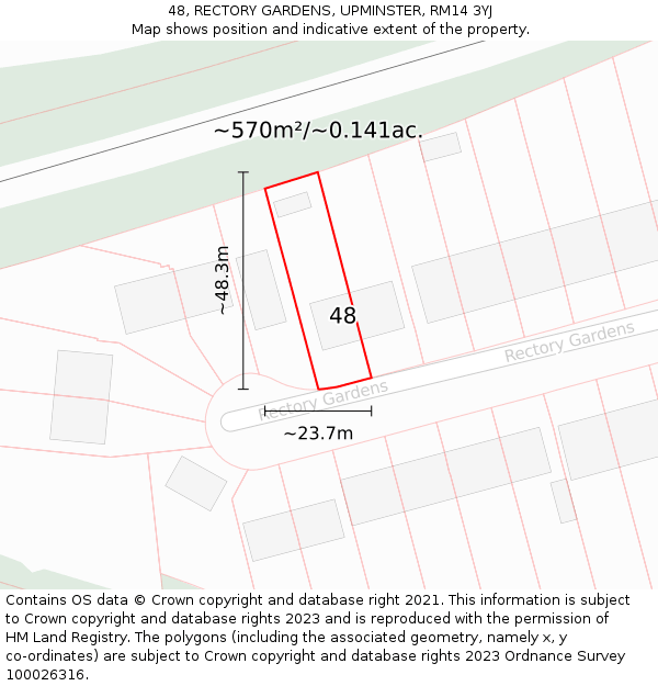 48, RECTORY GARDENS, UPMINSTER, RM14 3YJ: Plot and title map