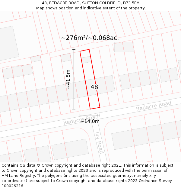 48, REDACRE ROAD, SUTTON COLDFIELD, B73 5EA: Plot and title map
