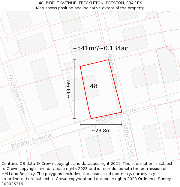 48, RIBBLE AVENUE, FRECKLETON, PRESTON, PR4 1RX: Plot and title map