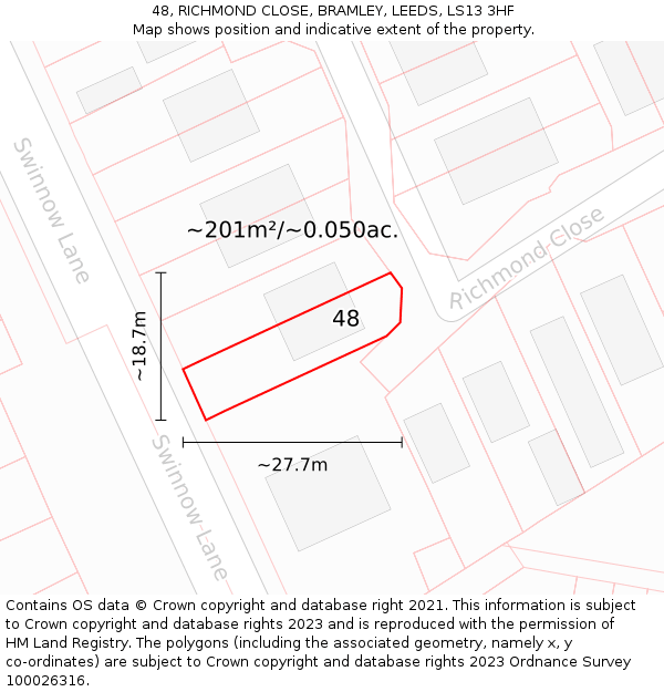 48, RICHMOND CLOSE, BRAMLEY, LEEDS, LS13 3HF: Plot and title map