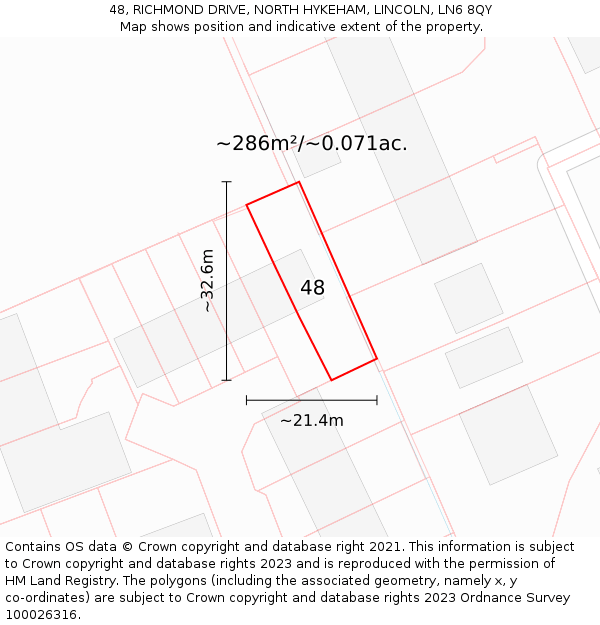 48, RICHMOND DRIVE, NORTH HYKEHAM, LINCOLN, LN6 8QY: Plot and title map
