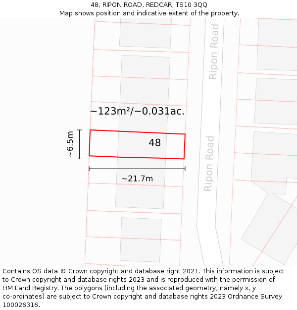 48, RIPON ROAD, REDCAR, TS10 3QQ: Plot and title map