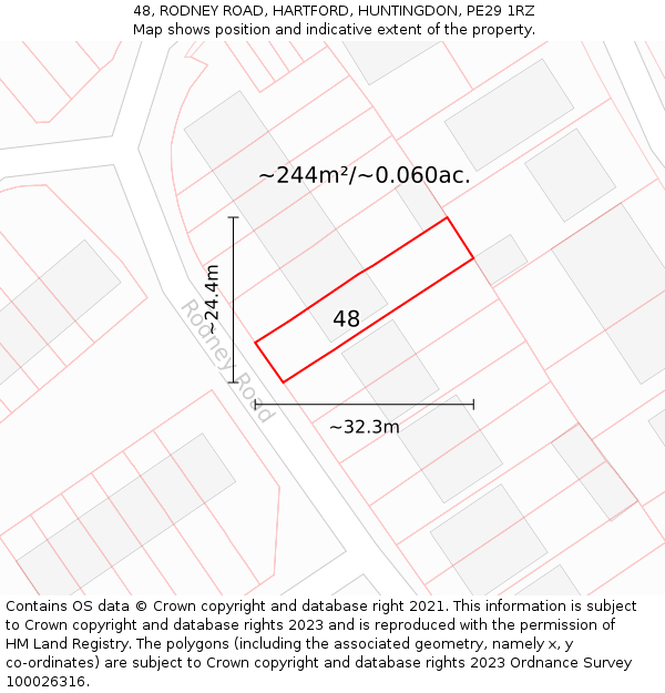 48, RODNEY ROAD, HARTFORD, HUNTINGDON, PE29 1RZ: Plot and title map