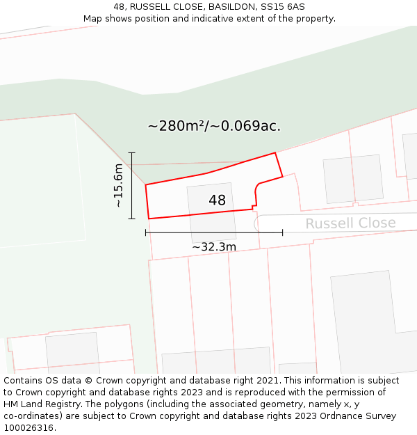 48, RUSSELL CLOSE, BASILDON, SS15 6AS: Plot and title map