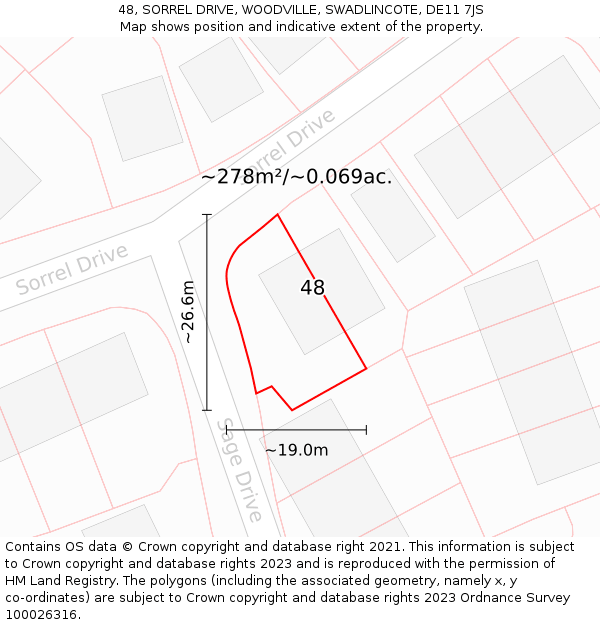 48, SORREL DRIVE, WOODVILLE, SWADLINCOTE, DE11 7JS: Plot and title map