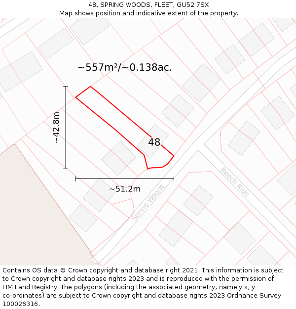 48, SPRING WOODS, FLEET, GU52 7SX: Plot and title map