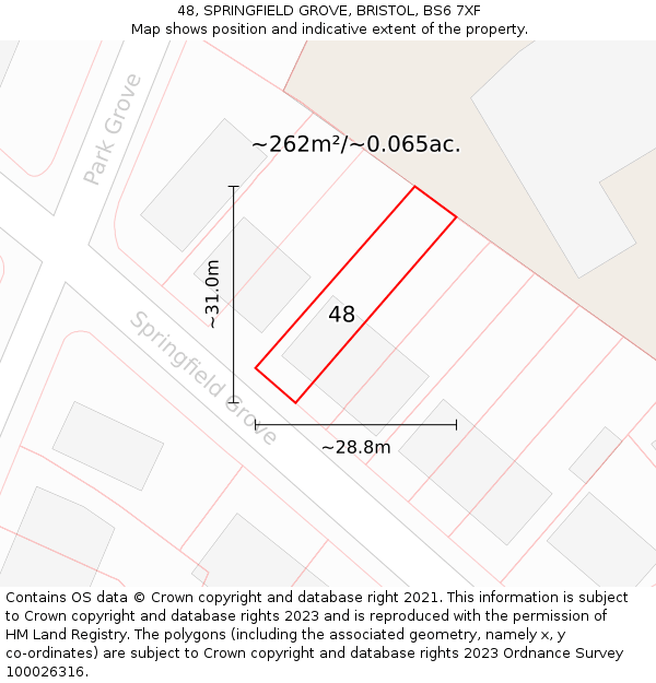 48, SPRINGFIELD GROVE, BRISTOL, BS6 7XF: Plot and title map