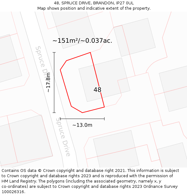 48, SPRUCE DRIVE, BRANDON, IP27 0UL: Plot and title map