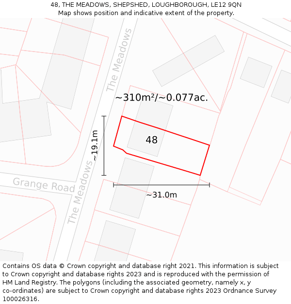 48, THE MEADOWS, SHEPSHED, LOUGHBOROUGH, LE12 9QN: Plot and title map