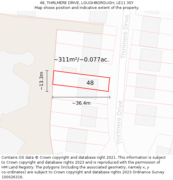 48, THIRLMERE DRIVE, LOUGHBOROUGH, LE11 3SY: Plot and title map