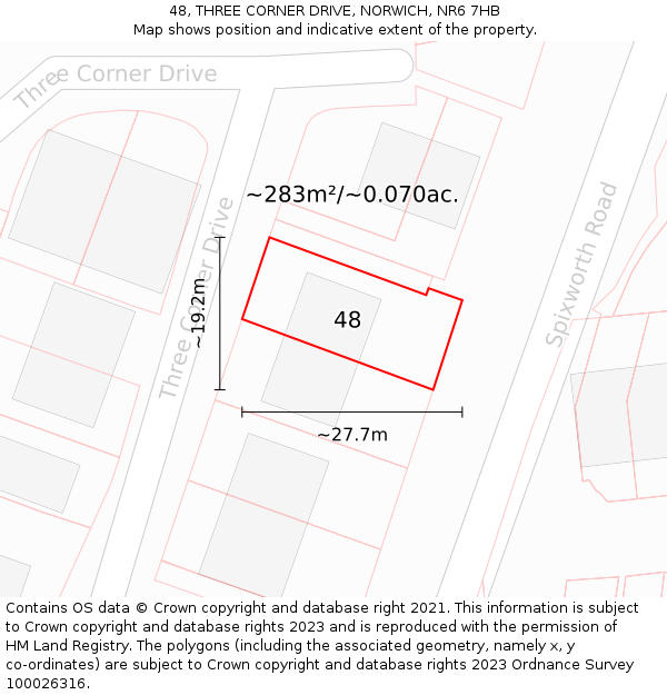 48, THREE CORNER DRIVE, NORWICH, NR6 7HB: Plot and title map