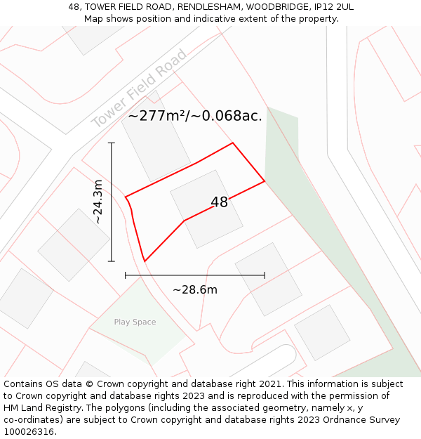 48, TOWER FIELD ROAD, RENDLESHAM, WOODBRIDGE, IP12 2UL: Plot and title map