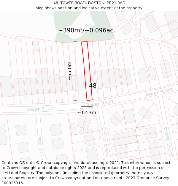 48, TOWER ROAD, BOSTON, PE21 9AD: Plot and title map