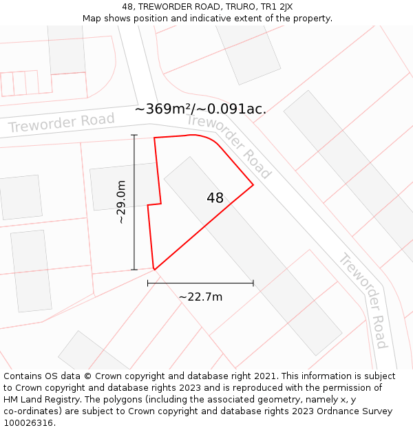 48, TREWORDER ROAD, TRURO, TR1 2JX: Plot and title map