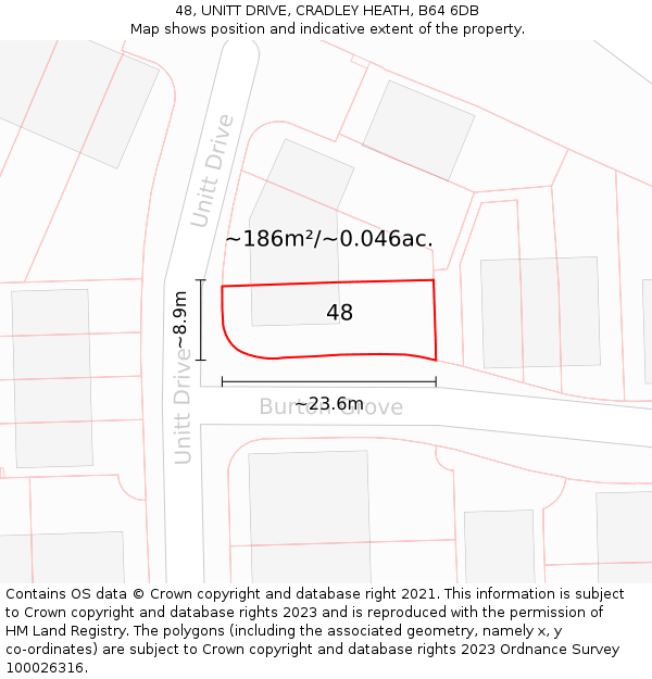 48, UNITT DRIVE, CRADLEY HEATH, B64 6DB: Plot and title map