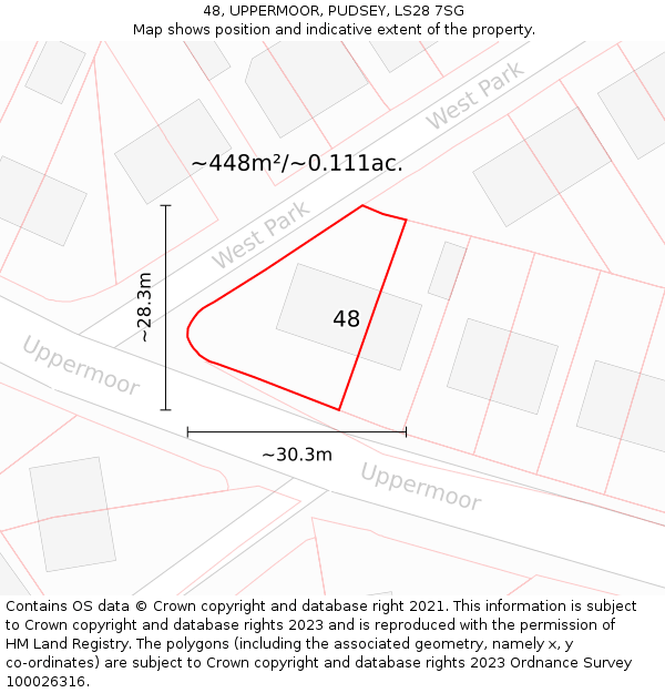 48, UPPERMOOR, PUDSEY, LS28 7SG: Plot and title map