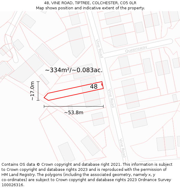 48, VINE ROAD, TIPTREE, COLCHESTER, CO5 0LR: Plot and title map