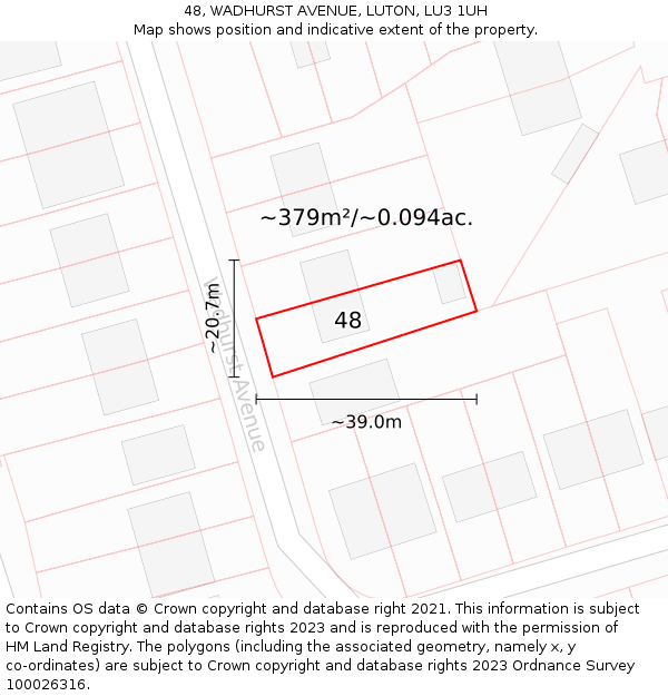 48, WADHURST AVENUE, LUTON, LU3 1UH: Plot and title map