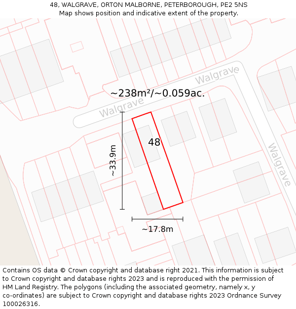 48, WALGRAVE, ORTON MALBORNE, PETERBOROUGH, PE2 5NS: Plot and title map