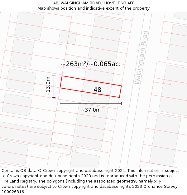 48, WALSINGHAM ROAD, HOVE, BN3 4FF: Plot and title map