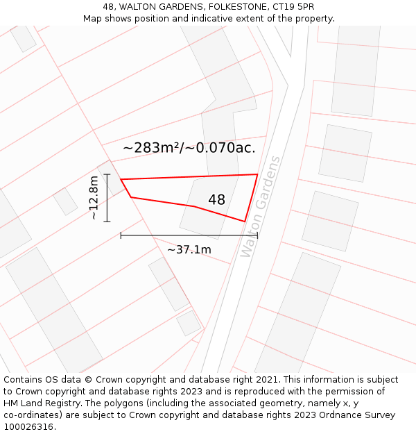 48, WALTON GARDENS, FOLKESTONE, CT19 5PR: Plot and title map