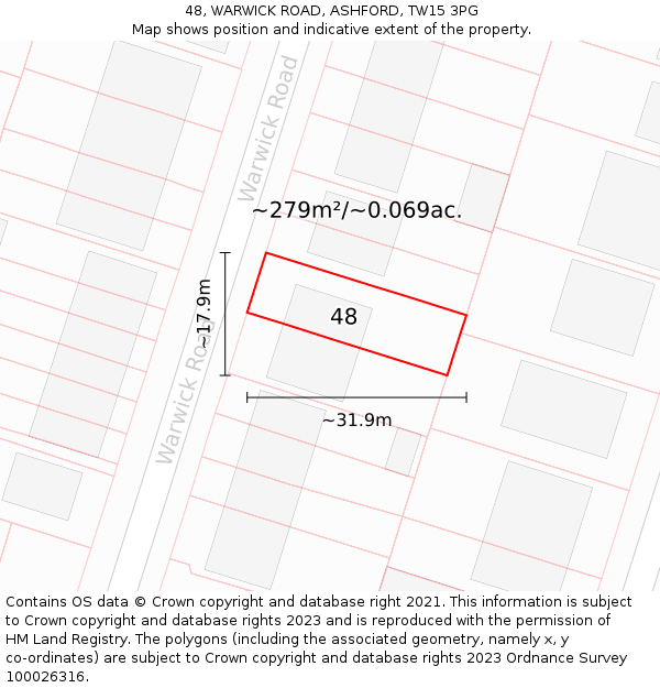 48, WARWICK ROAD, ASHFORD, TW15 3PG: Plot and title map