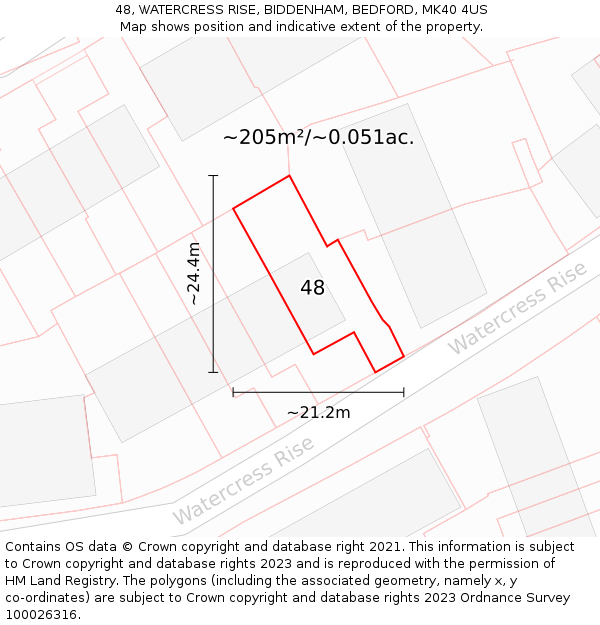 48, WATERCRESS RISE, BIDDENHAM, BEDFORD, MK40 4US: Plot and title map