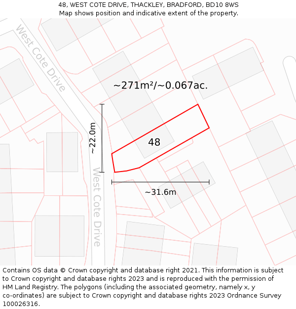 48, WEST COTE DRIVE, THACKLEY, BRADFORD, BD10 8WS: Plot and title map
