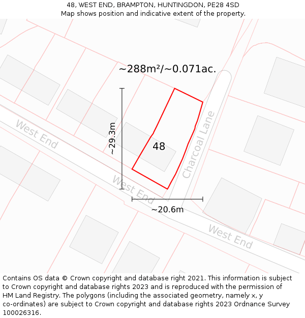 48, WEST END, BRAMPTON, HUNTINGDON, PE28 4SD: Plot and title map