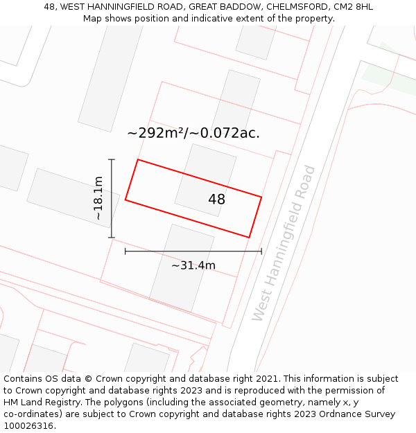 48, WEST HANNINGFIELD ROAD, GREAT BADDOW, CHELMSFORD, CM2 8HL: Plot and title map