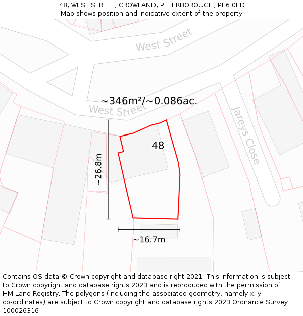 48, WEST STREET, CROWLAND, PETERBOROUGH, PE6 0ED: Plot and title map
