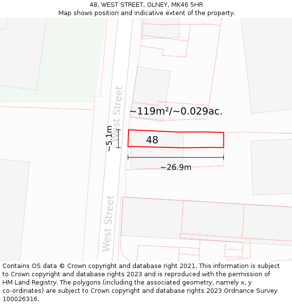 48, WEST STREET, OLNEY, MK46 5HR: Plot and title map