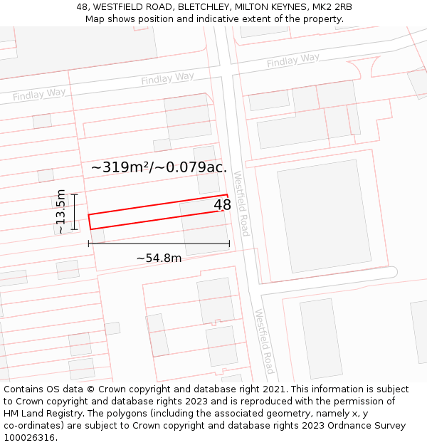 48, WESTFIELD ROAD, BLETCHLEY, MILTON KEYNES, MK2 2RB: Plot and title map