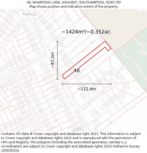 48, WHARTONS LANE, ASHURST, SOUTHAMPTON, SO40 7EF: Plot and title map