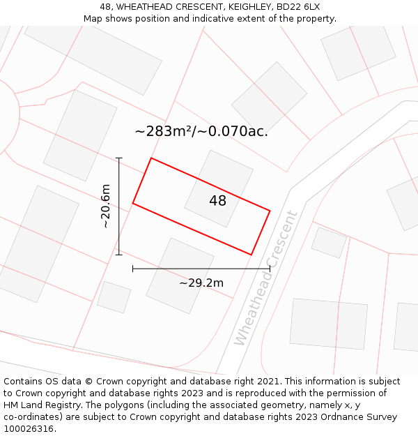 48, WHEATHEAD CRESCENT, KEIGHLEY, BD22 6LX: Plot and title map