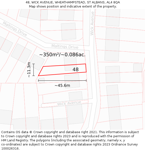 48, WICK AVENUE, WHEATHAMPSTEAD, ST ALBANS, AL4 8QA: Plot and title map