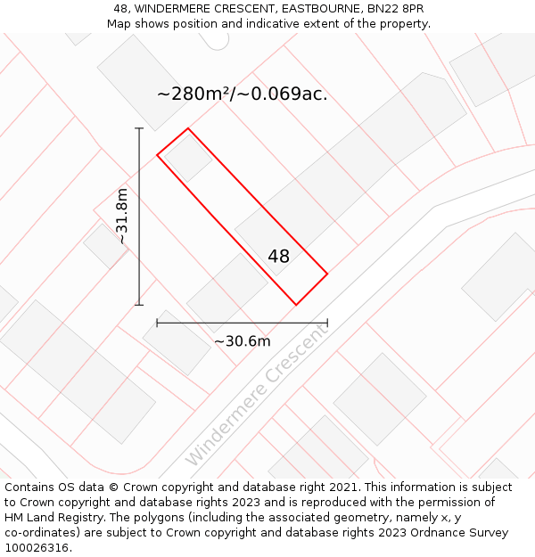 48, WINDERMERE CRESCENT, EASTBOURNE, BN22 8PR: Plot and title map