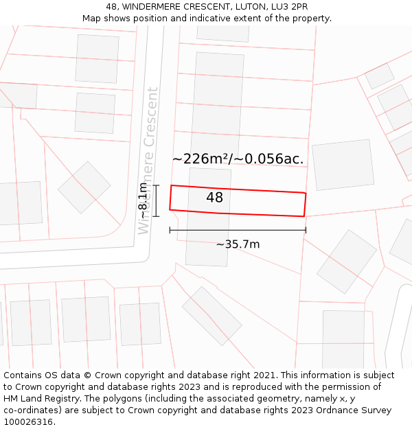 48, WINDERMERE CRESCENT, LUTON, LU3 2PR: Plot and title map