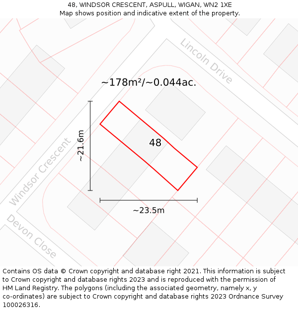 48, WINDSOR CRESCENT, ASPULL, WIGAN, WN2 1XE: Plot and title map