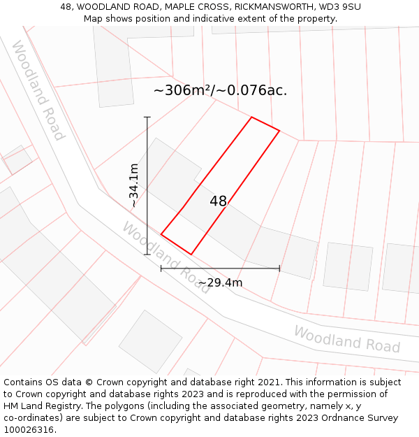 48, WOODLAND ROAD, MAPLE CROSS, RICKMANSWORTH, WD3 9SU: Plot and title map