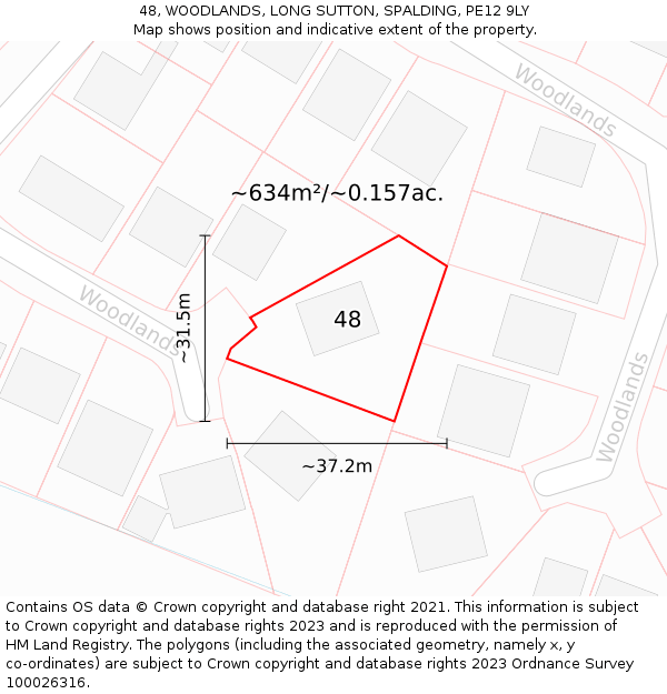 48, WOODLANDS, LONG SUTTON, SPALDING, PE12 9LY: Plot and title map