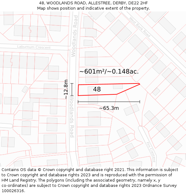 48, WOODLANDS ROAD, ALLESTREE, DERBY, DE22 2HF: Plot and title map