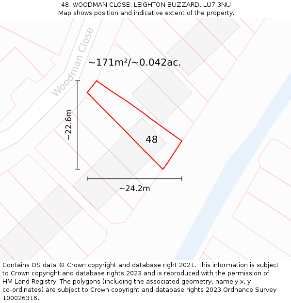 48, WOODMAN CLOSE, LEIGHTON BUZZARD, LU7 3NU: Plot and title map