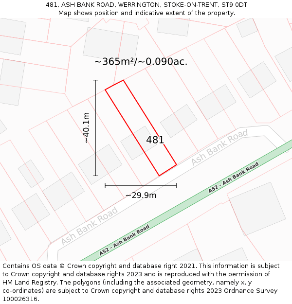481, ASH BANK ROAD, WERRINGTON, STOKE-ON-TRENT, ST9 0DT: Plot and title map