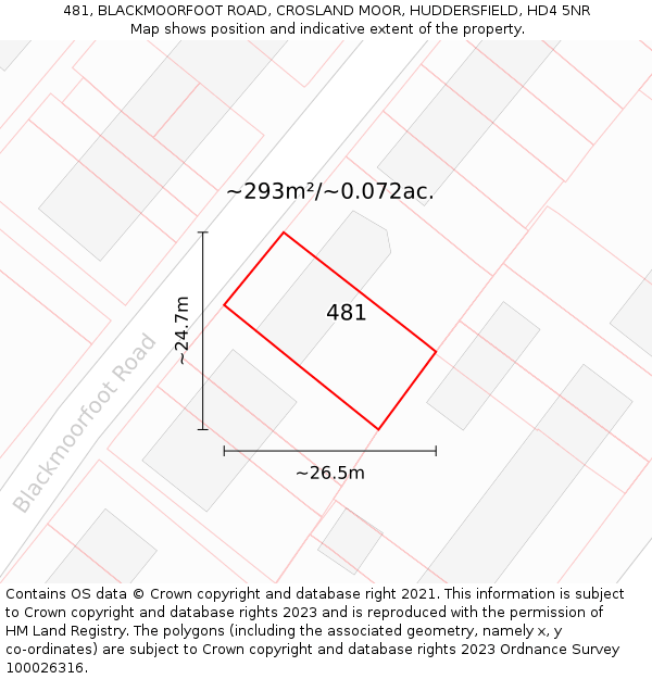 481, BLACKMOORFOOT ROAD, CROSLAND MOOR, HUDDERSFIELD, HD4 5NR: Plot and title map